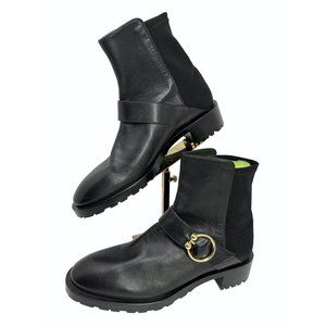 Stuart Weitzman Womens 9.5 Luxering Black Leather Pull On Bootie gold buckle NEW